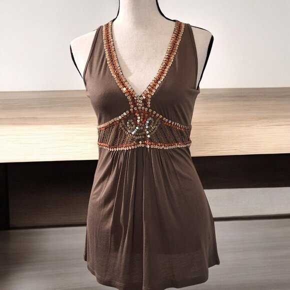 Y2K French Connection Sequined Babydoll Tank Top Sz S Brown Forest Fairy NWT - Picture 2 of 7